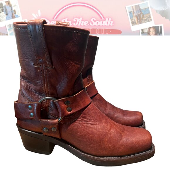 Frye Harness 8R Cognac Leather Boots Size 6M USA - Picture 2 of 10